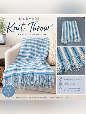Handmade Blue & White Striped Knit Throw Blanket With Fringe 41x58 Inches